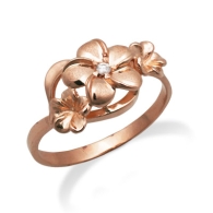 Queen Plumeria Three Flower Ring with Diamonds in Pink Gold