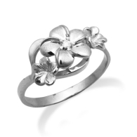 Queen Plumeria Three Flower Ring with Diamonds in White Gold