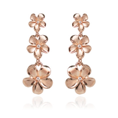 Queen Plumeria Three Flower Diamond Earrings Pink Gold 