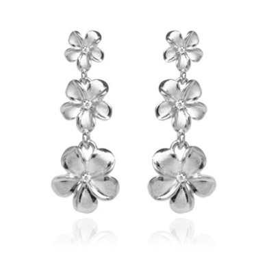 Queen Plumeria Three Flower Diamond Earrings White Gold 
