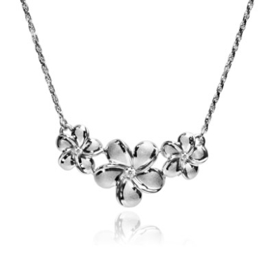 Queen Plumeria Three Flower Diamond Necklace White Gold 